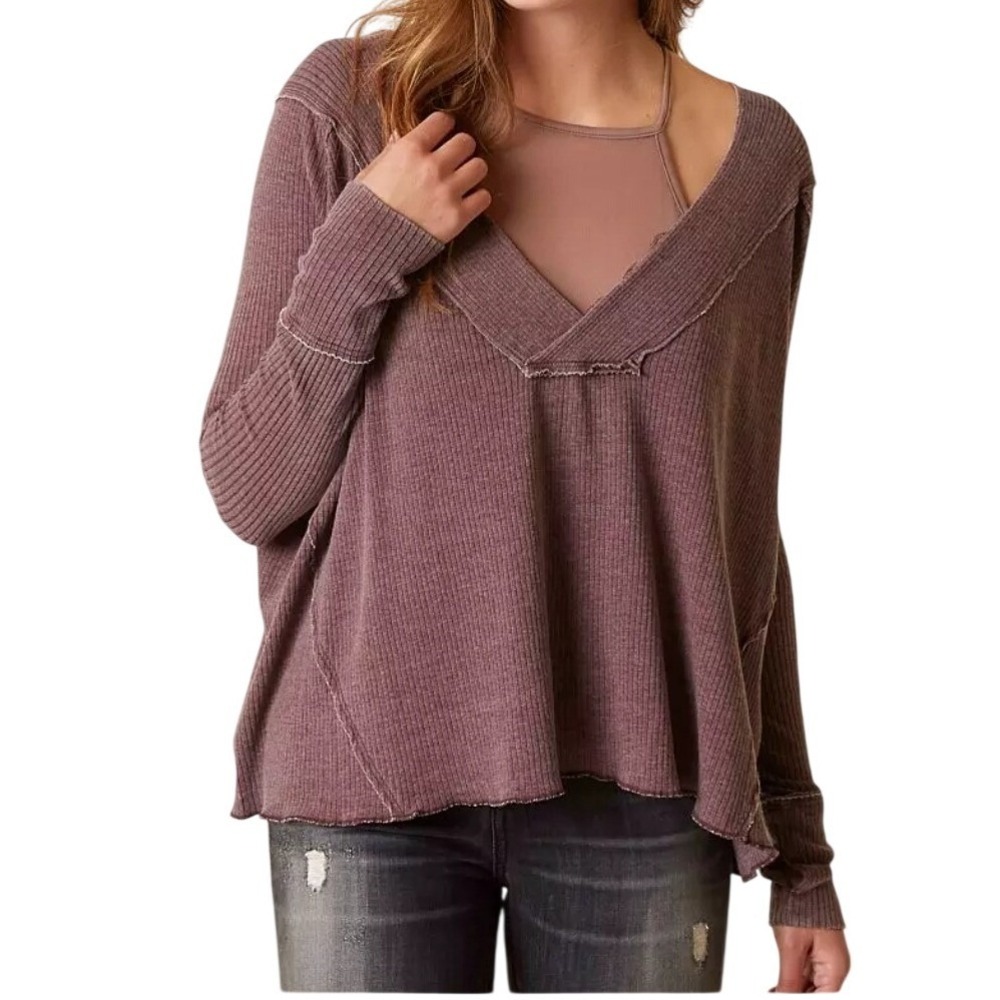 Free‎ People Oceanview Distressed Burgundy Thermal Top Oversized xs V-neck Boho
